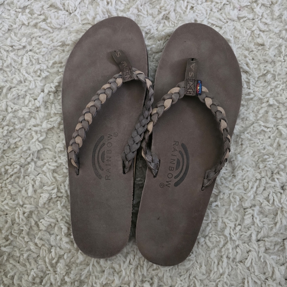 Rainbow braided strap flip flops